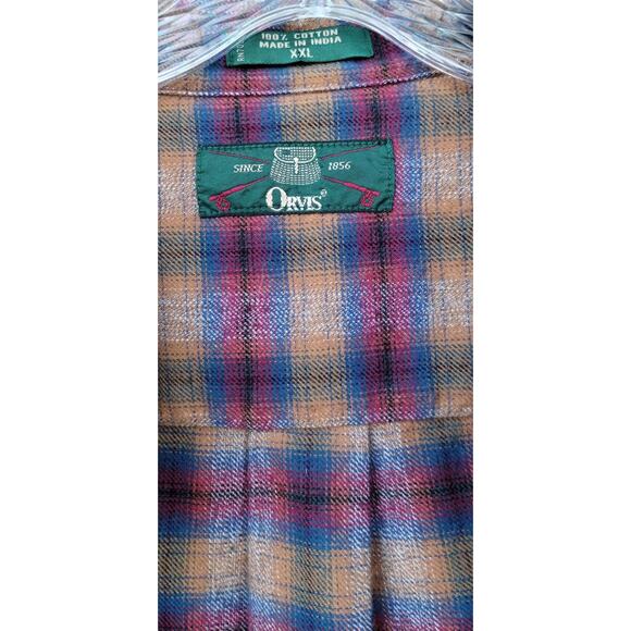 Vtg. ORVIS Men's Flannel Plaid 100% Cotton Shirt Size XXL Tan/Red/Blue - Picture 2 of 12